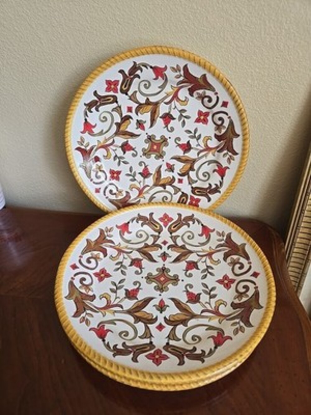 Dinner Plates Red And Yellow Flower And Scroll 11.5" Pier One Oralia Earthenware